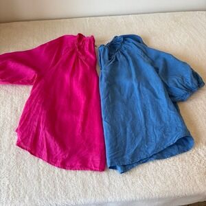 J. Jill Love Linen Blouse Lot Women's 2x Blue Pink Ruffle Puff Sleeve